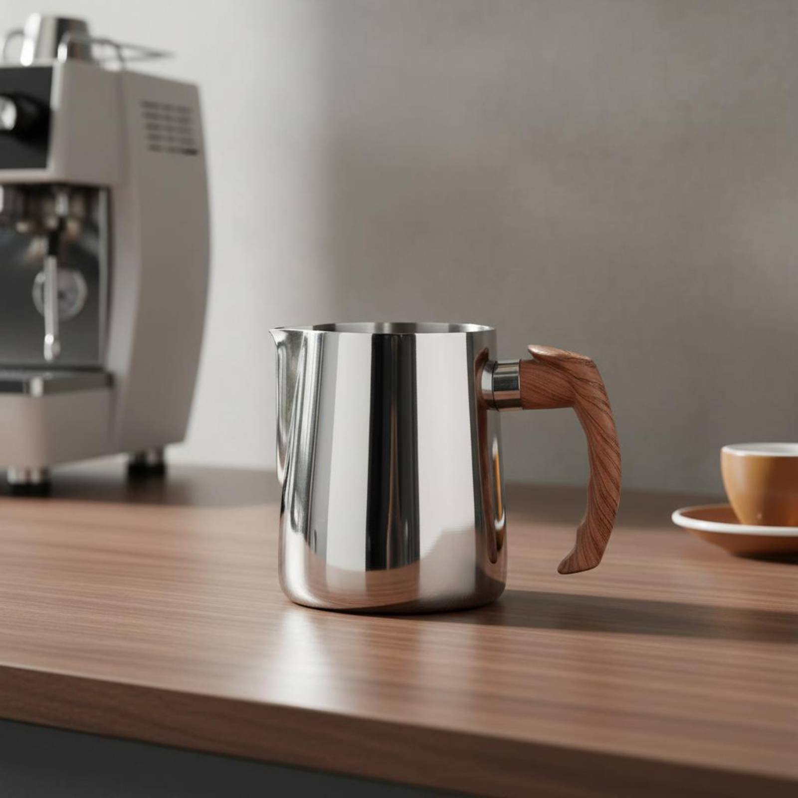 Milk Steaming Pitcher - Latte Art Jug with Wooden Handle