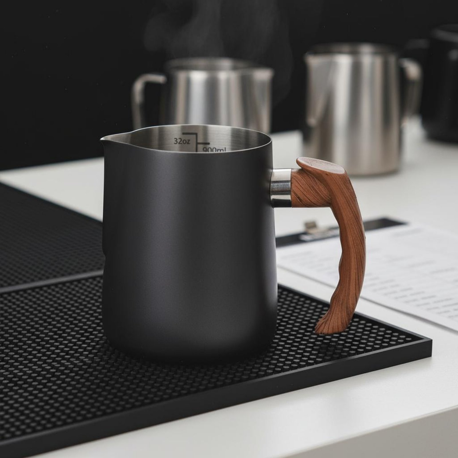 Latte Art Jug with Wooden Hand - Milk Steaming Pitcher recension och pris